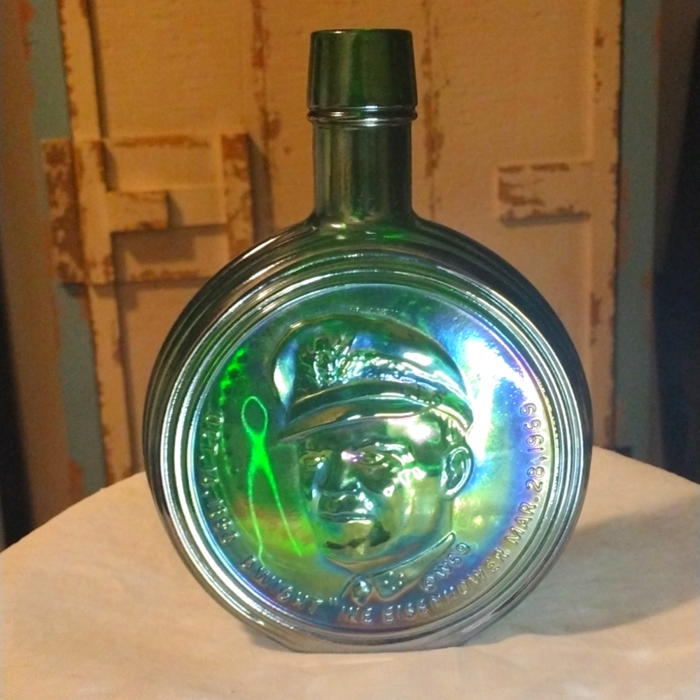 Vintage Wheaton FirstEdition Green Carnival Glass decanter Dwight D. Eisenhower